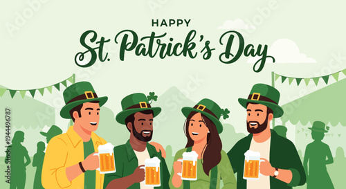 Modern vector illustration of Happy St. Patrick’s Day group of friends wearing green hats celebrating lively Irish spring festival outdoors