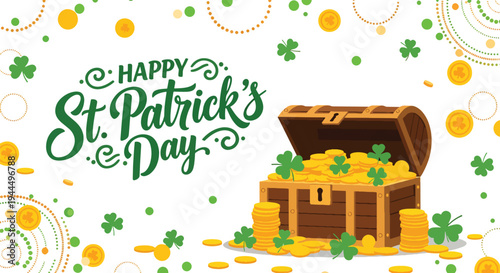 Modern vector illustration of Happy St. Patrick’s Day treasure chest filled with gold coins and shamrocks in festive Irish setting