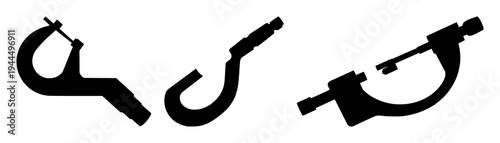 Micrometer set with solid black silhouette on white background featuring precision instrument, mechanical tool, technical profile with engineering and drafting
