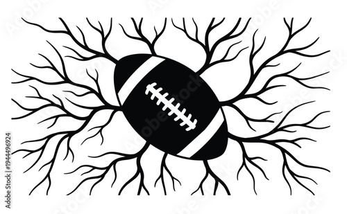 Abstract graphic design featuring a football surrounded by intricate, branching organic shapes in black and white.