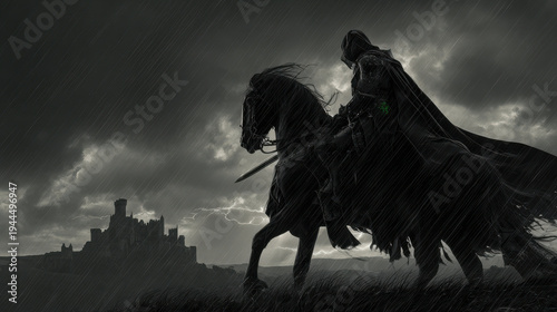 Dark knight black horse medieval warrior stormy night dark fantasy gothic castle dramatic sky heavy rain hooded figure armed rider hooded medieval warrior rides black horse through heavy rain