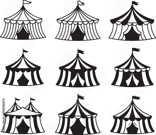 Collection of circus tents and marquees in silhouette isolated on checkered background