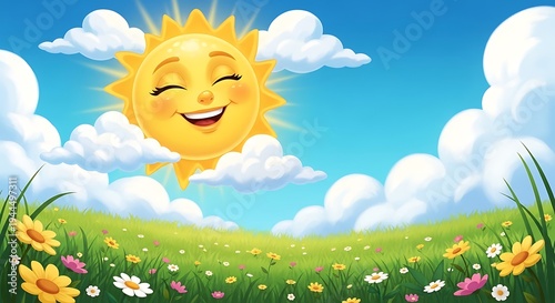 Cheerful cartoon sun smiling in a blue sky with fluffy clouds, over a vibrant meadow