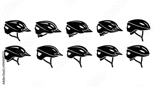 Collection of bicycle helmets in black.