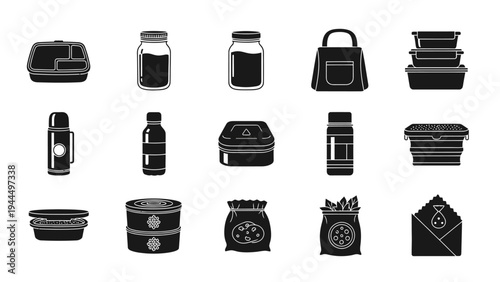 Black and white icons of food and drink containers.
