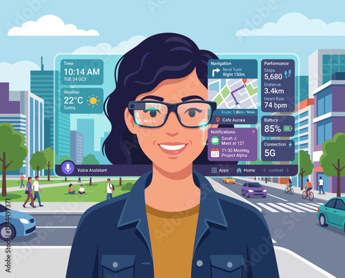 woman in city with smart glasses.