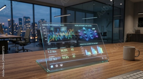 Holographic Data Interface on Modern Wooden Desk