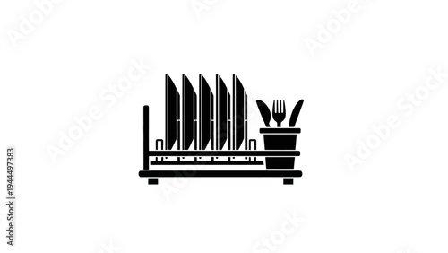 Black silhouette of kitchen utensils on rack.