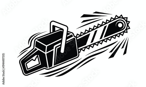 Stylized black and white illustration of a powerful chainsaw with dynamic lines indicating motion and energy.