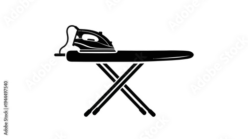 Black ironing board with iron on top.