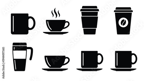 A collection of black silhouette icons depicting various types of coffee cups, mugs, and disposable beverage containers.