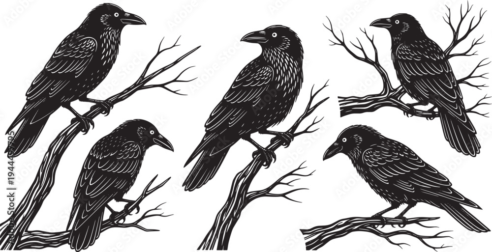 Fototapeta premium A collection of mysterious black crows perched on gnarled, bare tree branches, evoking a sense of gothic natural beauty and intriguing atmosphere in detailed vector illustrations