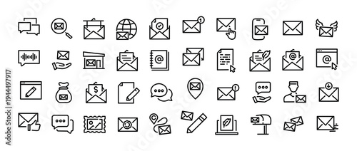 Mailing web icons in line style. Email, text, post office, mail, mailbox, collection. Vector illustration.