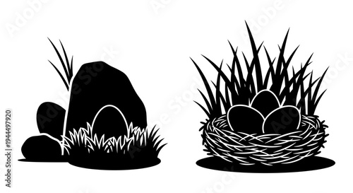 Nature’s contrast: a hidden burrow and a nest with eggs in a grassy landscape Vector, illustration