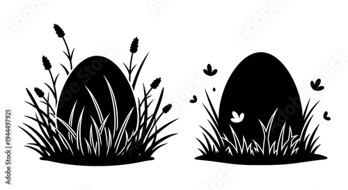 Two stylish black eggs nestled among grass and wildflowers in a minimalist design Vector, illustration
