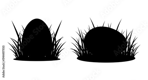 Two contrasting silhouettes of eggs emerging from grassy ground Vector, illustration
