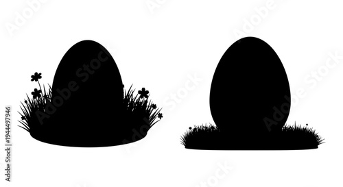 Two contrasting eggs emerging from grass with small flowers around one of them Vector, illustration