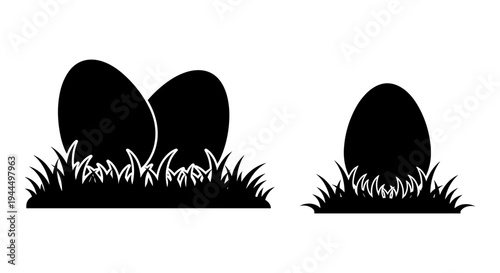 Two eggs emerging from the grass with one egg left standing alone Vector, illustration