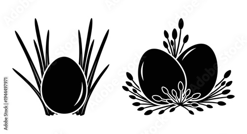 Black and white artistic depiction of eggs surrounded by stylized botanical elements Vector, illustration
