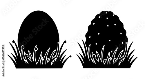 Contrast between a plain egg and a decorated easter egg emerging from grass Vector, illustration
