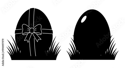 Decorated and plain eggs emerging from grass in black and white illustration Vector, illustration