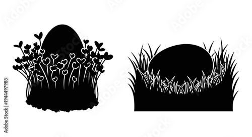 Contrasting illustrations of mushrooms emerging from different types of foliage. Vector, illustration