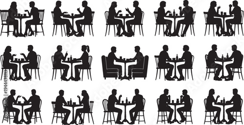Vector graphic silhouettes illustrating diverse social interactions of people enjoying meals and conversations at restaurant and cafe tables