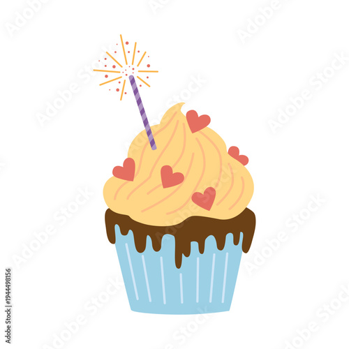Holiday sweet cupcake with vanilla cream, hearts and sparkler in flat style. Cute festive dessert for birthday