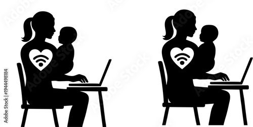 Professional vector illustration featuring silhouettes of adults working on laptops while holding children, with Wi-Fi heart icons, symbolizing parenting, remote work, care, and digital connectivity b