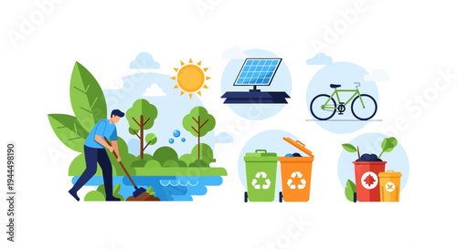 Environmental Protection and Sustainable Living Concepts - Man Planting, Solar Energy, Bicycle, Recycling & Composting