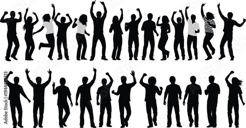 Dancing people silhouettes collection, party crowd dancing and celebrating poses, happy men and women dance movement vector illustration isolated on white background