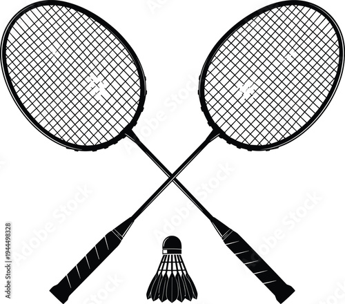 Crossed badminton rackets with shuttlecock silhouette, sports equipment vector illustration for badminton game, athletic recreation symbol isolated on white background