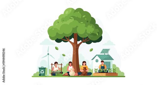 Sustainable Living & Green Community Illustration: Eco-Friendly Activities with Renewable Energy, Gardening, and Handmade Crafts