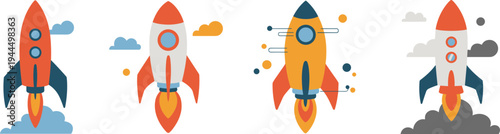 Colorful flat vector rocket ship icon set featuring four different space shuttle designs launching through clouds for startup and business growth concepts.