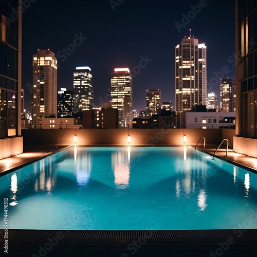 Luxury hotel rooftop swimming pool with stunning city night view