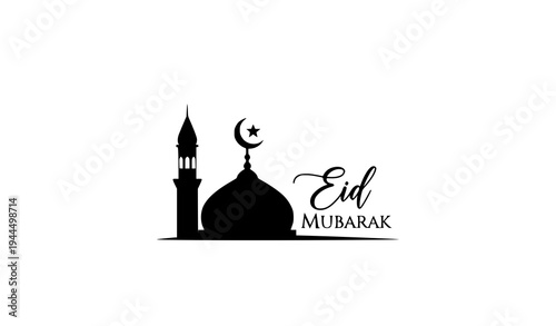 Minimal mosque silhouette with Eid Mubarak calligraphy crescent moon star Islamic vector illustration