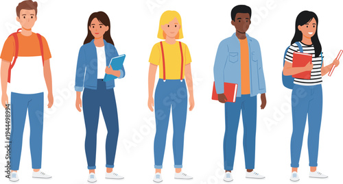 Diverse group of young students and teenagers with backpacks and books standing for education university college campus and back to school marketing flat vector illustration