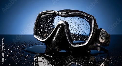 Close-up of a diving mask with water droplets against a blurred blue background