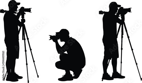 A set of professional photographer silhouettes showing a man using a digital camera on a tripod and crouching to take a photo.