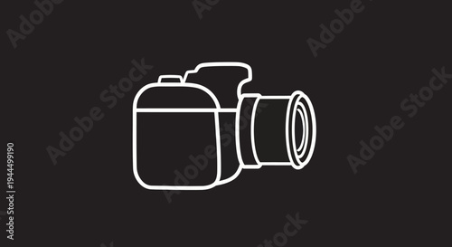 Modern outline digital camera icon with lens on black background, vector illustration. Photography and video equipment symbol.