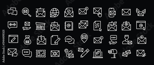Mailing web icons in line style. Email, text, post office, mail, mailbox, collection. Vector illustration.