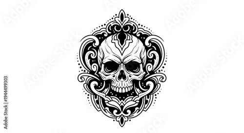 Ornate Gothic Skull Illustration, Vintage Decorative Vector Art with Intricate Swirls, Baroque Style Emblem Design