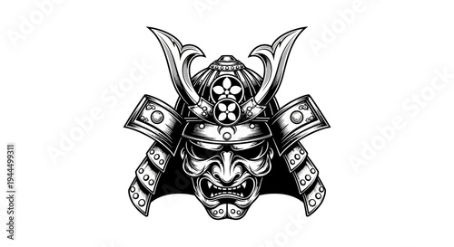 Traditional Japanese Samurai Helmet Mask with Fierce Demonic Face and Cherry Blossom Details, Black and White Vector Illustration