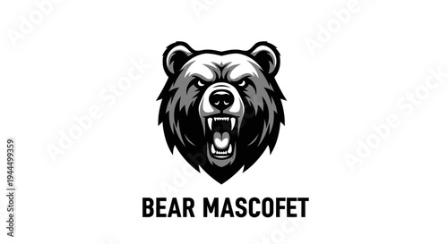 Aggressive grizzly bear head mascot illustration, fierce animal face logo, powerful wild animal emblem design, black and white vector art