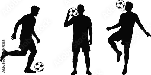 A set of professional soccer player silhouettes demonstrating various ball control techniques including dribbling, holding, and juggling the ball on an isolated background.