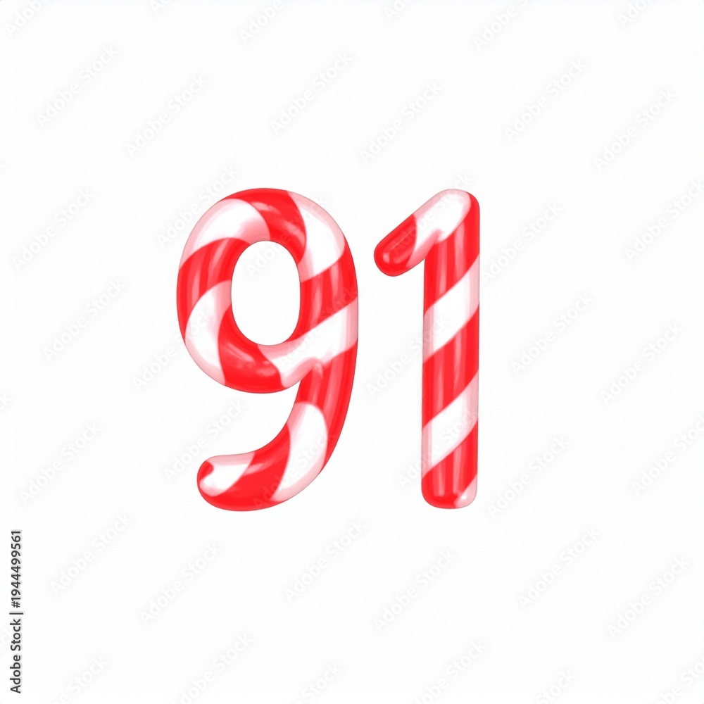 Fototapeta premium Candy cane number 91. Red and white striped number on solid white background
