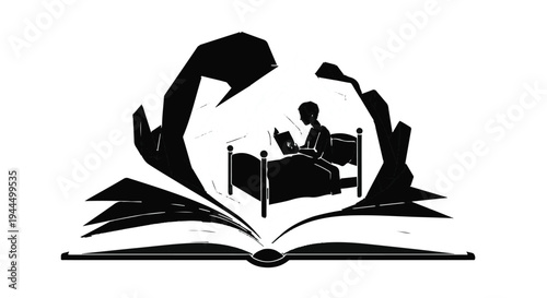 Family sitting together reading an open book in a simple silhouette illustration style