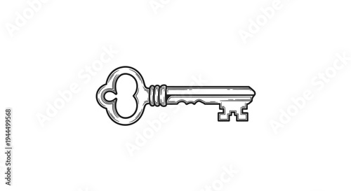Vintage Skeleton Key Illustration. Ornate Antique Metal Key Symbolizing Security, Access, Unlock, Secret, Solution, Discovery.