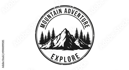 Vintage Mountain Adventure Emblem Graphic - Retro Outdoor Explore Badge with Pine Trees and Peaks Design