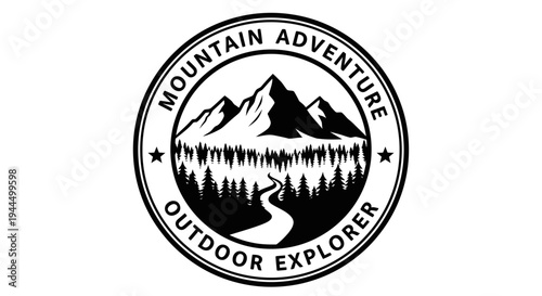 Retro Mountain Adventure Outdoor Explorer Round Badge Logo with Forest, Peaks, and Winding Path Vector Design